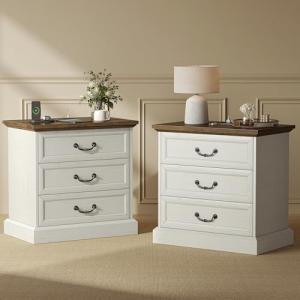 Farmhouse Nightstand Set with Charging Station, 3 Drawers