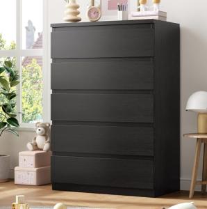 Black 5 Drawer Wood Dresser for Bedroom