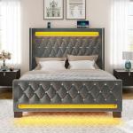Rolanstar Grey Queen Bed Frame with LED Light