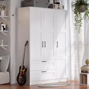 White Wooden Wardrobe Closet with Shelves and Drawers