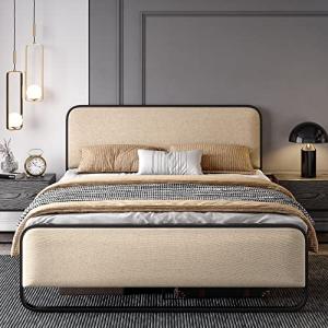Beige Queen Metal Platform Bed with Storage