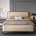 Beige Queen Metal Platform Bed with Storage