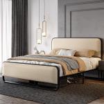 Beige Queen Metal Platform Bed with Storage