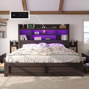 LUXOAK King Bed Frame with Bookcase Headboard