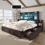 LUXOAK King Bed Frame with Bookcase Headboard