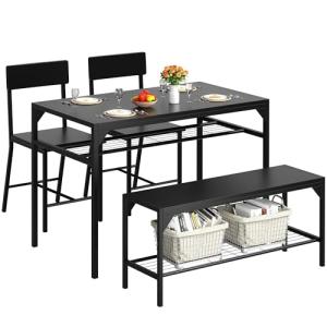 4-Piece Black Dining Table Set with Chairs and Bench