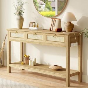 Rattan Console Sofa Table with USB-C and Drawers
