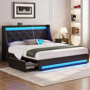 Rolanstar LED Bed Frame with Charging Station and Drawers