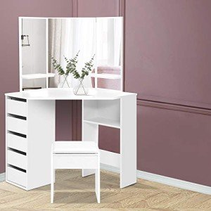 White Corner Dressing Table Set with Mirror & Stool