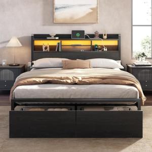 Full Size Bed Frame with Storage and LED Lights