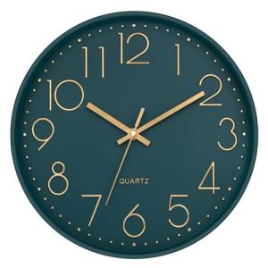 Modern Non-Ticking Emerald Wall Clock, 12 Inch