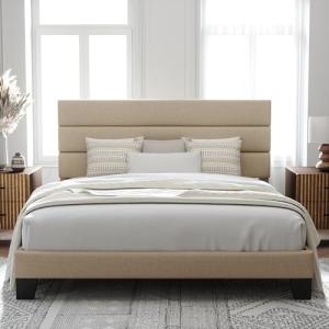 King Size Upholstered Platform Bed Frame in Beige