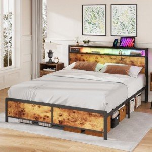 Double Size Bed Frame with LED Headboard & USB Ports
