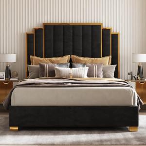 Modern Velvet King Size Bed with Gold Trim