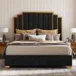 Modern Velvet King Size Bed with Gold Trim