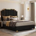 Modern Velvet King Size Bed with Gold Trim
