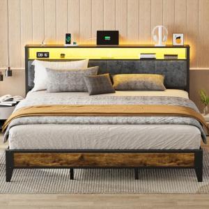 King Bed Frame with Headboard and LED Storage