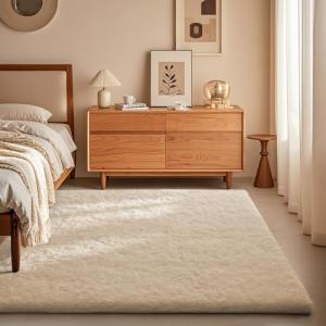 Ivory Fluffy Shag Area Rug for Bedroom & Living Room