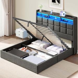 Lift Up Full Size Bed Frame with Storage and LED Lights