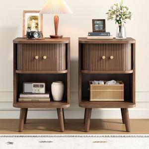 Mid Century Walnut Nightstand Set with Charging Station