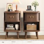 Mid Century Walnut Nightstand Set with Charging Station