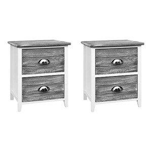Stylish White Bedside Table Set with Grey Baskets