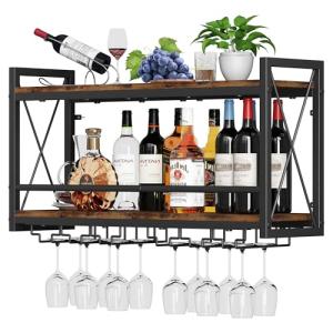 Rustic Wall Mounted Wine Rack with Glass Holder