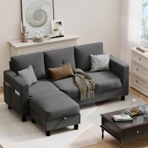 JAMFLY Dark Grey L-Shaped Sectional Couch with Ottoman