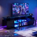70 Inch Black LED TV Stand with Glass Doors