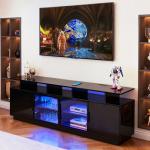 70 Inch Black LED TV Stand with Glass Doors