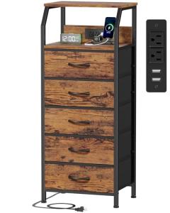 Rustic Brown 5-Drawer Dresser with Charging Station