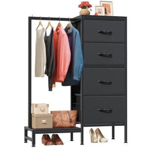 Black 4-Drawer Dresser with Hanging Rack