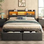Queen Bed Frame with Storage, LED Light & Charging Station