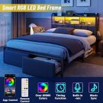 Queen Bed Frame with Storage, LED Light & Charging Station