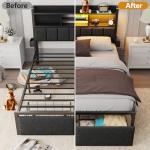 Queen Bed Frame with Storage, LED Light & Charging Station