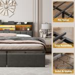 Queen Bed Frame with Storage, LED Light & Charging Station