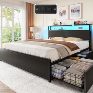 Rolanstar Queen Bed Frame with Storage and LED Lights