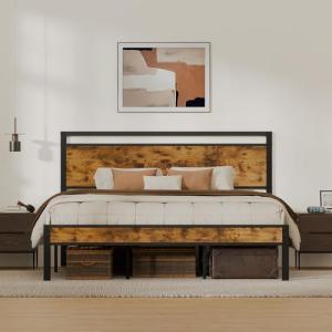 Brown King Metal Bed Frame with Wooden Headboard