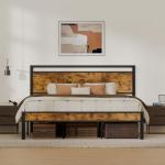 Brown King Metal Bed Frame with Wooden Headboard