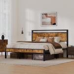 Brown King Metal Bed Frame with Wooden Headboard
