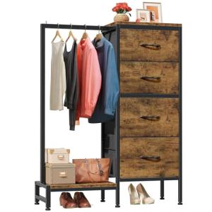 Rustic Brown 4-Drawer Dresser with Clothes Rack