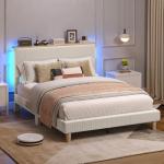 Beige Adjustable Queen Bed Frame with LED Lighting