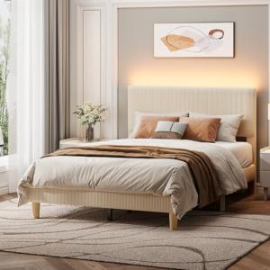 Beige Full Bed Frame with LED Lighting and Adjustable Headboard