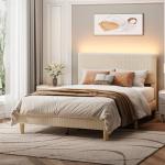 Beige Full Bed Frame with LED Lighting and Adjustable Headboard
