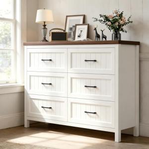 White Farmhouse 6-Drawer Dresser for Bedroom