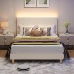 Beige Full Bed Frame with LED Lighting and Adjustable Headboard