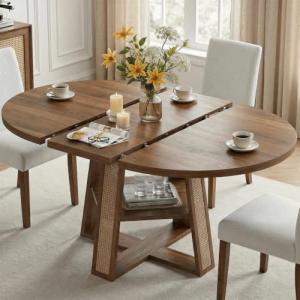 Extendable Round Dining Table with Storage Shelf