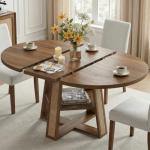 Extendable Round Dining Table with Storage Shelf