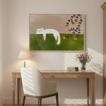 Large Cozy Cat Wall Art in Neutral & Green