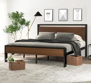 14-Inch King Size Metal Bed Frame with Wood Headboard